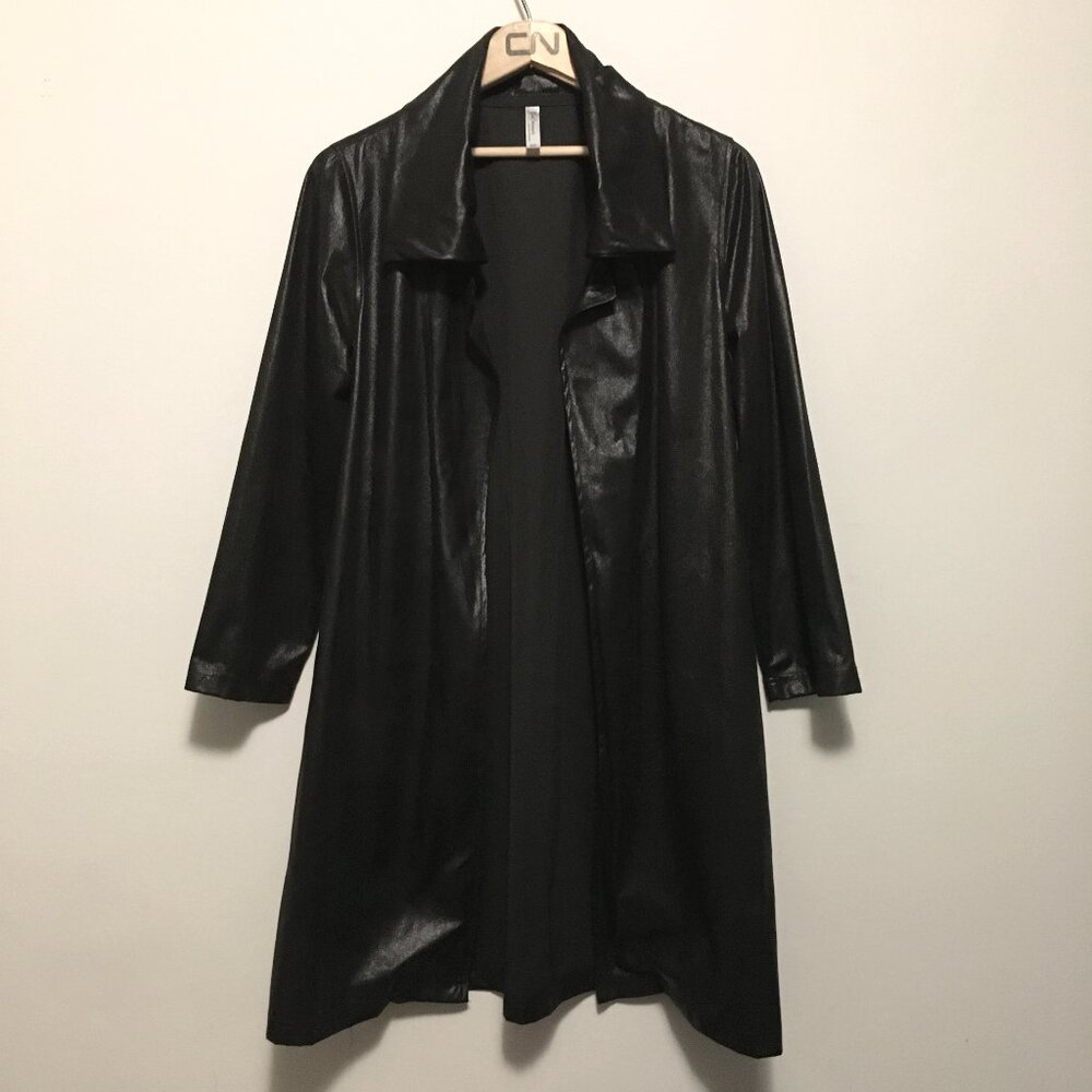 Long Black Shiny Y2K Cyberpunk Open Trench Coat Cardigan - S